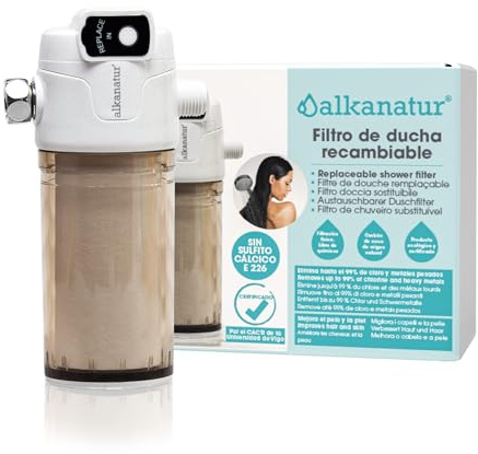 Filtro Agua para Ducha ALKANATUR 50.000 L Recambiable para Pelo y Piel | Filtración Doble Fase 50.000 Litros Carbón Activado Algodón PP Piel Cabello Sensibles Libre Sulfito Cálcico