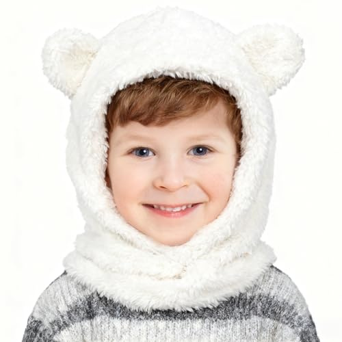 AYPOW Baby barn fleece slip-mössa halsduk mössa flickor pojkar, varm vintermössa termisk vindtät balaclava öronlappar huva slinga halsdukar småbarn för 1–6 år, Vit, S