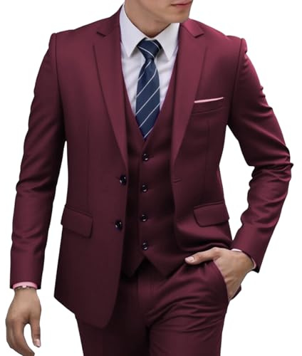 Herrkostymer 2 delat set Herrkostym Slim Fit Dubbelknäppt Kostymset Spetsiga Slag Kavaj Byxor Formellt Bröllop Affärsoutfit Vinröd Stor
