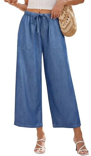 Fengbay Wide Leg Baggy Cropped Jeans for Women UK Stretch High Waisted | Pull On Ladies Lightweight Jeans;Elastic Waist;Trendy Soft Trousers;Loose Fit;Casual Women's Denim Pants with Pockets