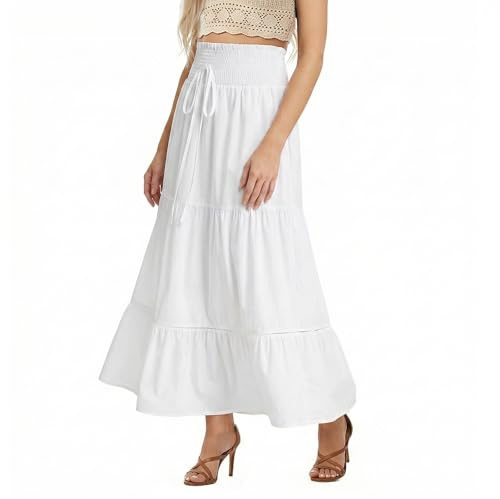 BSBUY Falda de Mujer, Faldas Largo para Mujer Cintura Elástica, Verano con Cordón, Elegante, Casual, Playa, Blanco-Talla Única