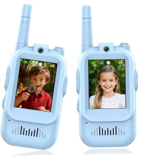 Paquete de 2 Walkie Talkies con vídeo, Walkie Talkies transparentes para niños con cordón y cambiador de voz, volumen ajustable, juguetes divertidos recargables para niños y niñas, alcance de 500-