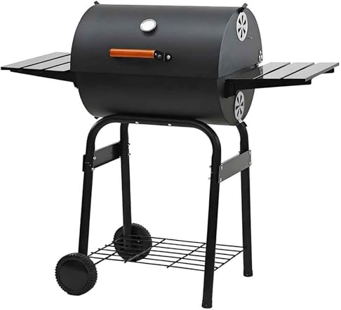 Gr8 Garden Large Charcoal BBQ Barrel Grill with Lid Thermometer, Adjustable Charcoal Tray, Side Table & Wheels, Outdoor Smoker Grill with Warming Rack, 46 x 38cm Cooking Area