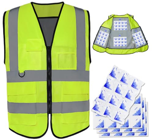 Chaleco de enfriamiento reflectante con 4 bolsas de hielo, chaleco de seguridad de alta visibilidad para hombres y mujeres, trabajo de enfriamiento de hielo con bolsillos para trabajos de constr