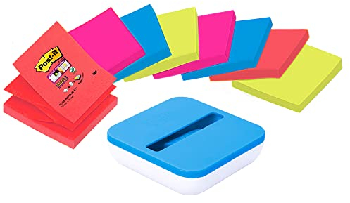 Post-it Spender mit Saugnapf in blau/weiß für Super Sticky Z-Notes, praktischer Helfer für Büro und Schularbeiten mit 8 zusätzlichen Haftnotizblöcken