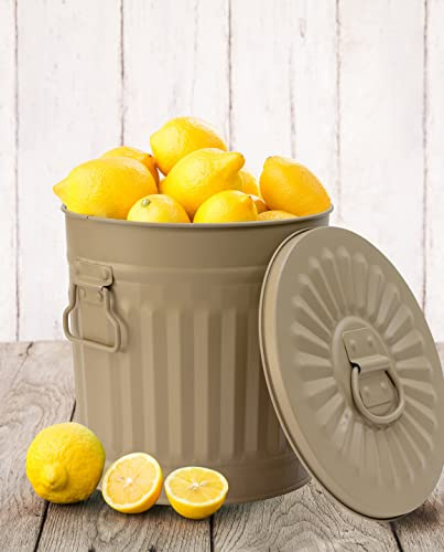 Jinfa Mülleimer Metall mit Deckel Beige Ascheeimer 35 Liter Kamin Eimer Asche Behälter Metalltonne vintage Mülltonne Blech Tonne für Streusalz metal trash can