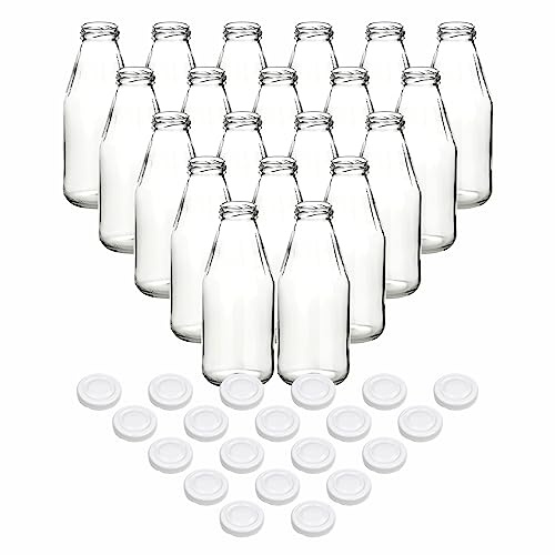 gouveo 20er Set Glasflasche 500 ml (0,5 l) Saftflasche 500 ml rund Twist-Off Schraubdeckel TO 43 mm weiß, runde leere Saftflaschen zum Befüllen für Saft Smoothie Sirup Öl Essig (SF500W)