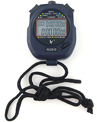 JZK Handheld Digital Stoppuhr Timer, 2 Zeilen 10 Speicher, Countdown Alarm, Akku + Lanyard, PC2810, für Sports Training