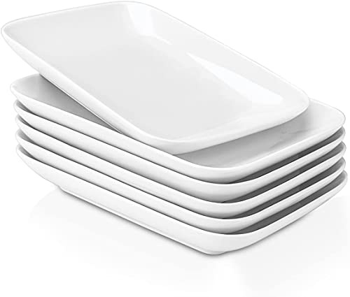 DELLING 8 Inch Rectangular Appetizer Plates Set of 6, Porcelain Salad Dessert Plates White, Small Serving Plates for Sushi Snack, Microwave Oven Dishwasher Safe, Stackable Ceramic Plates