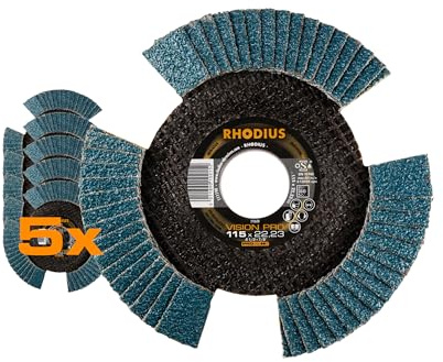 RHODIUS VISION PRO Fächerschleifscheibe, 115 mm, K60, 5 St., PROline | Made in Germany, transparent beim Drehen, freie Sicht aufs Werkstück, für Metall, Edelstahl & Stahl, für Winkelschleifer