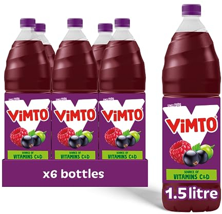 Vimto Fruit Squash – No Added Sugar – Blackcurrant, Grape & Raspberry – Vitamins C & D – 6 x 1.5L Bottles – Vegetarian – Mixed Fruit Cordial