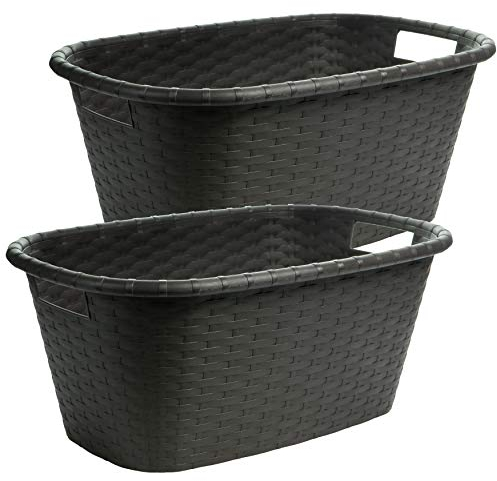 Wäschekorb Plastik Wäschewanne in Flechtoptik, 2 Stück, H25 cm x L60 cm x T40 cm, extra stabil, 35L, Farbe: anthrazit, Made in EU
