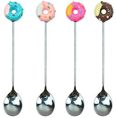 AUEAR, 4 Pack Stirring Spoons Cute Doughnut Coffee Spoon Stainless Steel Little Teaspoons Mini Donut Dessert Ice Cream Tea Sugar Stirrers for Tableware Multi-Functional Kitchen Tools
