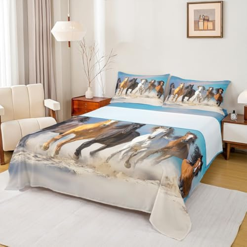 Erosebridal Horse Sheet Set Six Running Wild Horses Bed Sheet for Kids Teens Adult, Farm Animal Bed Sheet Set 4Pcs Western Cowboy Fitted Sheet, Farmhouse Flat Sheet, Rustic Decor 2 Pillow Cases, Full