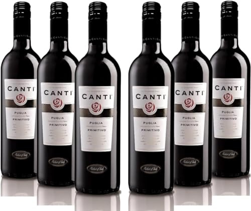 Canti - Italienischer Primitivo I.G.T., trockener Rotwein, Geschenkpackung, süßer und runder Geschmack mit Noten von roten blumen, 6x750 ml