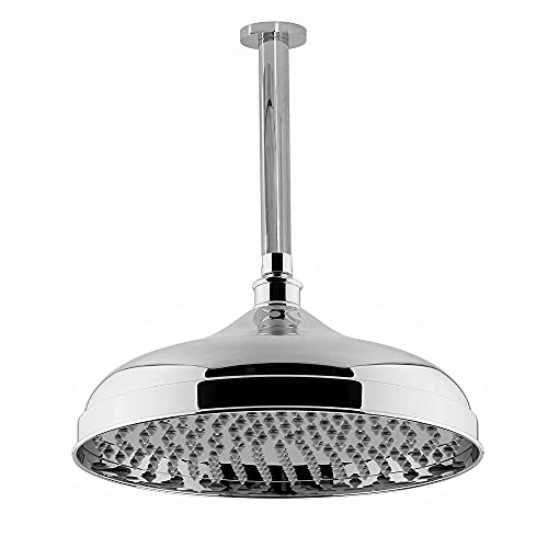 ENKI, RA061, 300mm Traditional Ceiling Mounted Fixed Large Shower Head Chrome, Solid Brass, 180mm Shower Arm, Round Rose, Mixer Rainfall Shower, Modern Design Easy Clean & Easy to Install