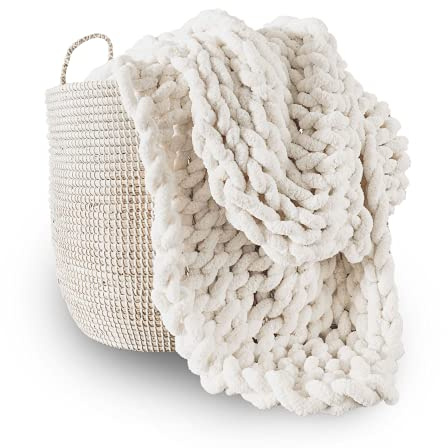Adyrescia Chunky Knit Blanket Throw | 100% Hand Knit with Jumbo Chenille Yarn (30x40, Cream White)
