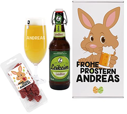 Herz & Heim® -Frohe Prostern- Ostergeschenkset mit Salamiherzen, Pilstulpe, Bier (0.5L) und Geschenkverpackung, personalisiert