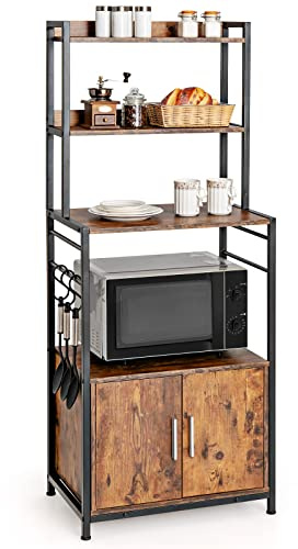 COSTWAY Kökshylla med förvaringsskåp, bagarhylla förvaringshylla med krokar, stående hylla med hyllor, köksskåp med dörr och justerbara fötter, för kök och matsal, vintage industrihylla