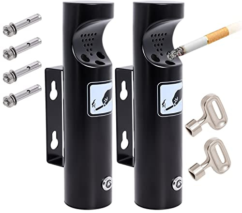 Wall Mounted Outdoor Waste Receptacle, Cendrier Extérieur, Stainless Steel Cylinder Butt Disposal, Commercial Trash Bin Container for Home, Patio, Bar, Commercial Use（Black,2pcs）