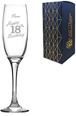 Personalised Engraved Champagne Flute Happy 18th Birthday Handwritten Design Gift BoxedGlass Holds 7.43oz/220ml, Customise with Any Name, Engraved in The UK