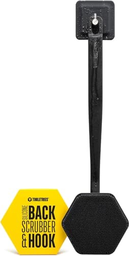 TOOLETRIES Silicone Back Scrubber with Hook, Exfoliating Body & Bath Brush, Long Ergonomic Handle, Non-Slip Grip for Hard-to-Reach Areas, Hygienic Silicone Bath Accessory for Men & Women - Charcoal