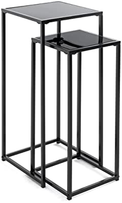 HAKU Set of 2 Flower Column Black, Metal, Tempered Glass - Dim.: W 25/30 cm X H 60/70 cm X D 25/30 cm, Style: Modern