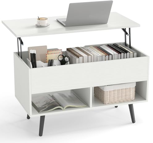 GIANTEX Mesa de Centro Elevable y Extensible, Mesa de Café de Madera con Espacio de Almacenamiento Oculto y 2 Estantes Abiertos, Mesa Auxiliar Rectangular para Salón, Oficina (Blanco)