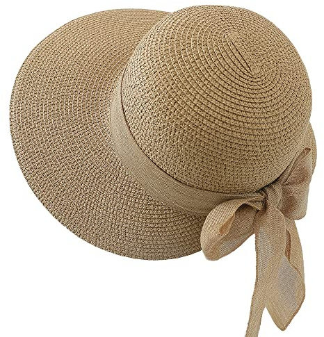 Women's Wide Brim Straw Panama Hat - Classic Sun Hat with Cotton-Ramie Bow for Church, Derby, Jazz, Wedding & Talent Show Light Brown