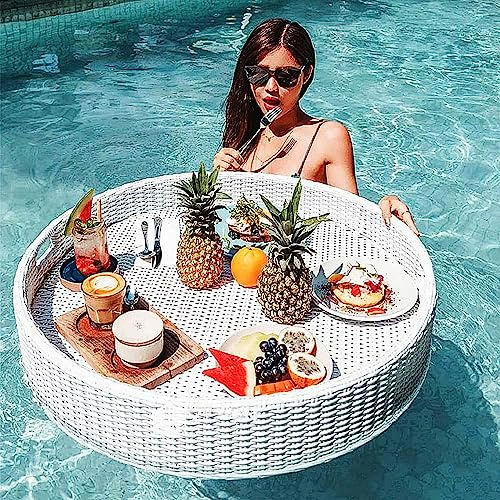 Piscine De Piscine Table De Plateau Flottante, Plateau De Service Tissé En Rotin, Piscine Flottant Pour Adultes Pour Les Bancs De Sable, Les Spas, Le Bain Et Les Fêtes | Plateau Flottant,60cm-White