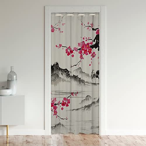 Style Japonais Rideau de Porte 86x203cm Japonais Ukiyo Rideaux Interieur Salon Chambre Rideaux Exterieur d'entrée Sakura Fleurs Traditionnelle Retro Rose Décor Rideau Occultant