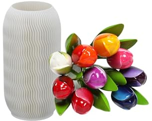 MomoMoments Ramo de tulipanes de madera, Decoracion Florero, 9 tulipanes de madera, incluye jarrón 3D de 34 cm, pintado a mano