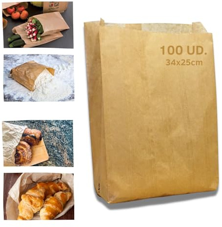 Grupo Darik - Pack 100ud. Bolsas de Papel Kraft para Alimentación, 34x25 cm. Ideales para Panadería, Manualidades, Bocadillos y Chuches.