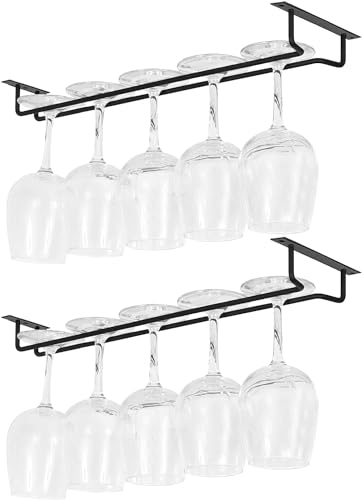 MSYU 17 Inch Wine Glass Holder Under Cabinet, Long Single Rail Wine Glass Rack Metal Wine Glasses Storage Holder with Screws Wine Glasses Hanger for RV Cabinet Kitchen Bar (Black, 2Pack)