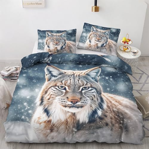 Generisch Bettwäsche Luchs 135x200 Winter - Bettbezug Wildtiere, Bettwäsche-Sets 2 teilig, Weich & Atmungsaktiv Mikrofaser Wendebettwäsche und 1 Kissenbezug 80x80 mit Reißverschlus H-&8-272