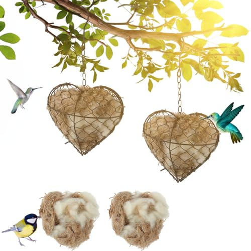 Menkxi 2 Pcs Bird Nesting Material, 9 x 7 Inch Hummingbird Nest House Nesting Material Bird for Outside, Gift Design for Animal Lovers, Spring Fowl Gifts in Indoor Patio Garden (Heart Shaped)