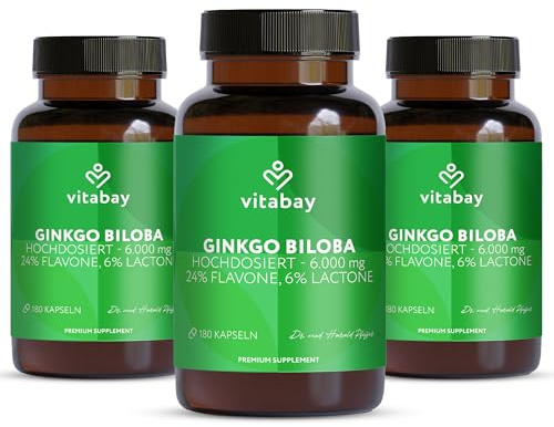 Vitabay Ginkgo Biloba 6000 mg | 540 Kapseln | Zeitoptimierte Abgabe | Mit 24% Flavone & 6% Lactone | Laborgeprüft & hergestellt aus hochwertigen Rohstoffen