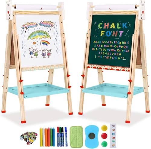 Kinder Spiel Tafel aus Holz|Doppelseitige Kindertafel,Schreibtafel kinder,Kreidetafel und Whiteboard,Höhenverstellbar mit Papierrolle,Zahlen und Anderem Zubehör für Kleinkinder (Bär)