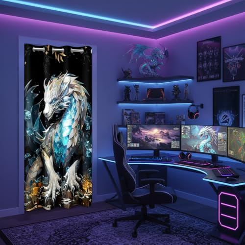 Castle Fairy Türvorhang mit 3D-Motiv und Donnerblitz, goldfarben, glänzend, Diamant, Schrankvorhang, Drache, Tier, Vorhang für Schlafzimmer, Privatsphäre, 1 Paneel (B x L) 106,7 x 203,2 cm