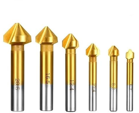 6pcs/set Countersinks Bits, 90 Degree 6.3-20.5mm Titanium Round Shank 3 Flute HSS Chamfer Chamfering Cutter End Mill