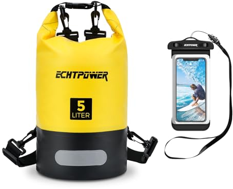 ECHTPower Dry Bag 5L 10L 20L, wasserdichte Tasche Handytasche Packsack mit Verstellbarer Schultergurt Reflektorstreife, Wasserdichter Beutel/Sack für Schwimmen, Boot, Kanu, Stand Up Paddling, Gelb
