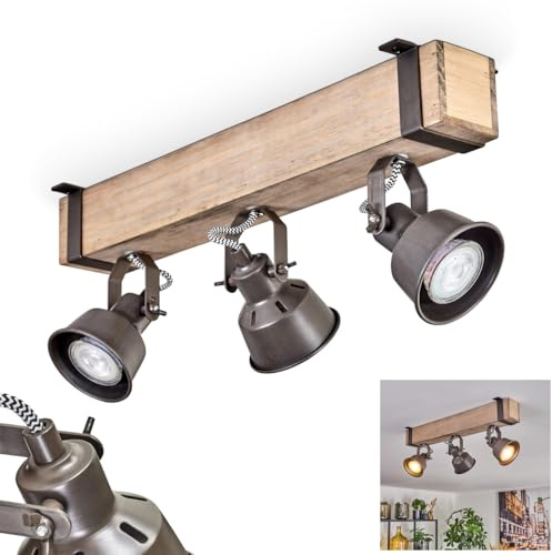HOFSTEIN Deckenleuchte Pehefito, 3-flammige Deckenlampe aus Metall/Holz in Grau/Natur, verstellbare Leuchte im Industrial/Retro/Vintage-Design mit Holzbalken, GU10, Esszimmer, Wohnzimmer, Küche, Flur