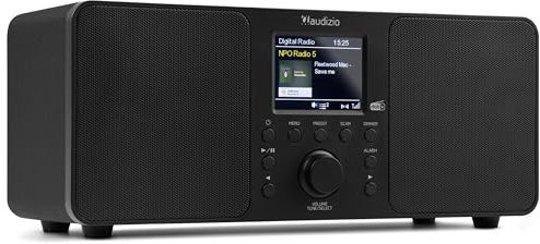 Audizio Genua Dab Radio Digital Dab con Bluetooth, Altavoz estéreo, FM, función Doble Alarma, Temporizador de Apagado, transmisión inalámbrica de música, Mando a Distancia, diseño en Negro