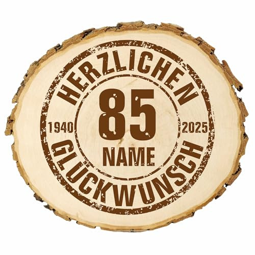 KIWISTAR UG - ab 14-16 cm Baumscheibe - 85. Geburtstag mit Jahreszahl - personalisiertes Geschenk individuell selbst gestalten - Name - Holzscheibe mit Wunschtext - Naturholz - Geschenk - Türschild