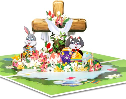 GREETING ART Biglietto di auguri pop-up pasquale 3D, coniglietto pasquale con uova, motivo floreale 3D, pop-up con croce sacra, biglietto di Pasqua con busta