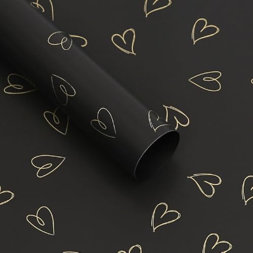 20 Stück doppelseitiges farbiges Blumen-Geschenkpapier, wasserdicht, Valentinstagsstrauß-Geschenkpapier, elegantes Geschenkpapier, mit goldenen Herzen, 55,9 x 55,9 cm (schwarz)
