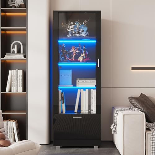 Vitrinenschrank mit Glastüren und Led Beleuchtung, 4 Ebenen Glasvitrine mit Schublade und 3 Regale, Hochglanz Hochschrank Standvitrine, Aufbewahrungsschrank für Wohnzimmer, Küche, 40x50x160cm, Schwarz