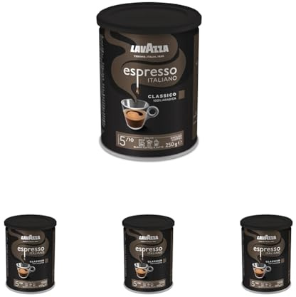 Lavazza, Espresso Italiano Classico, Café Molido Natural, Ideal para Cafetera Italiana, de Filtro y Francesa, con Notas de Caramelo y Chocolate, 100% Arábica, Intensidad 5, Tueste Medio, Lata de 250 g