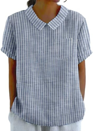 Damen Gestreifte Leinen Kurzarm Bluse mit Bubikragen und Brusttasche Atmungsaktiv Casual Stylisch Hemd, blau, M