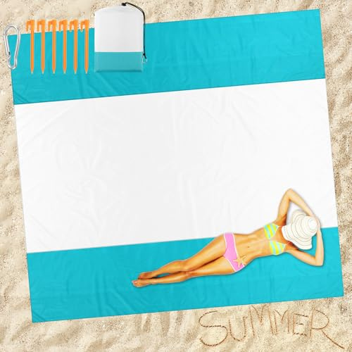 Drydiet Extra Large Beach Blanket Sandproof Waterproof 10 x 9 ft Beach Mat for 2-8 Adults Oversized Quick Drying Outdoor Picnic Blanket Lightweight Sand Free Mat for Travel Camping Hiking(White Cyan)